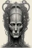 Placeholder: The face of a man with a Indian fathers on head a thin line draw ، front view camera, decayed and rotting with grotesque proportions and imagery. surreal horror, biomechanical design, by hr giger and beksinski , fine lines draw