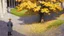 Placeholder: High-angle aerial view of a cloister. In center of the courtyward, far away, there is several trees with yellow leaves and a dark blonde boy with light gray coat. the ground is totally full of yellow leaves. oil sketch painting in watercolor style