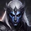 Placeholder: Generate a dungeons and dragons character portrait of the face of a male Drow named Valas. He is striking, handsome and has facepaint and scars on his face. He is sworn to the evil goddess Lolth and he is shrouded in darkness. He is a War Cleric soldier. He is wearing an war helmet.