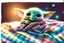 Placeholder: Cute happy Baby Yoda sits on a colourful plaid fleece blanket and plays with tiny floating phosphorescent planets in the sunlight