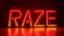 Placeholder: the text "RAZE" written in old style neon diode heavy pieces of metals, glowing, dark room lit by the neon light,