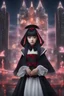 Placeholder: Create a hyperrealistic digital art piece featuring Babymetal wearing a gothic dress. Pay meticulous attention to detail. Render her hair and face with exquisite detail, capturing the beauty of the character. The image should have an ultra-focused and intense feel, utilizing an 8k resolution for crispness and clarity. The background is a hyperrealistic neon cityscape with bokkah focus