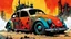 Placeholder: create an abstract, powerful, stripped down, armored, post apocalyptic Volkwagen beetle hot rod with highly detailed features, lost in a horrific industrial wasteland, in the comic book art style of Bill Sienkiewicz, Mike Mignola, and Jean Giraud Moebius , searing lines , forceful strokes, precisely drawn, inked, and colored