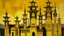 Placeholder: A golden temple with old clocks painted by Lyonel Charles Feininger