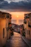 Placeholder: Create a realistic, moody photograph of the streets of Piombino in Italy at sunset, with the sea and the island of Elba on the horizon.