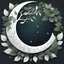 Placeholder: laughing half moon in front, white tree fantasy logo, surrounded frame of leaves