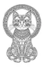 Placeholder: A simple coloring book page drawing with only thick black lines on a white background of a full length body of a kitten mandala of the cat breed ONCILLA with one tail in the minimalist style. No shading. No gray. No shadows. No color. This coloring book page would appeal to children aged sixteen through adults and have clean lines for a design that is easy to color. Style raw. Aspect ratio 9:11