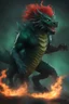 Placeholder: full body, head to toe, 3D, the anthropomorphic black Chinese Indian werewolf Dragon with Long wavy, curly (((red hair))) and bright, (((sea-green eyes))), breathing fire - full color - 32k, UHD, 1080p, 8 x 10, glossy professional quality digital photograph - dark foggy gradated background, historic, powerful, octane rendering, exquisite detail, 30 - megapixel, 4k, 85 - mm - lens, sharp - focus, intricately - detailed, long exposure time, ((skin details, high detailed skin texture)