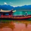 Placeholder: fullbody Drawing of 'Chinese traditional fishermen smallboat',river, mountains, intricate detail,andrea bonelli,Kilian Eng,Ohrai,evan lee,Aleksandr Sidelnikov,KyuYong Eom,three quarters frontal aerial view,toned colors,16k