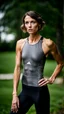 Placeholder: photography of a beautiful anorexic woman, grey satin triathlon top, sports illustrated, brunette short wavy bob haircut, pronounced sternum, flat chest, anthracite short leggins