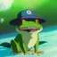 Placeholder: A green frog smiling with a big light blue hat on, wearing blue work overalls, skipping and dancing around. Bokeh, fisheye, haze, mist, clouds, sparks.