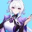 Placeholder: Genshin woman, Clear Focus High resolution, Calm Background, Light skinned woman, White long beatiful hair, Purple sparkling eyes, Very Beatiful Face, Splash art, Color pallete black purple pink