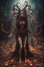 Placeholder: Demon girl wizard Halloween vintage girl, fullbody, feet point view, creepy, horrifying, sinister, many worms parasite creature connected to the head, sparks around her, intricate, 8k, macro photography,