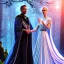 Placeholder: crazy detail, magical forest background, waterfall, blue but cloudy skies, close up of man in black shiny robes and grand sleazy lady wearing soft robes and gloves, lively eyes, framed by foliage, gold