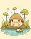 Placeholder: magical kawaii mushroom with a big, frowning mouth and droopy eyes, sitting on a lake log in a quiet and peaceful lake, lost in its own thoughts, high details, forest background, cute, kawaii, style coloring cover for adults, ultra reality