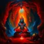 Placeholder: An oil painting of hindu god YAMA in a cave, neon red colors, high detail