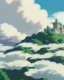 Placeholder: vast landscape, castle far away under huge clouds, mist