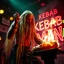 Placeholder: a very thin swedish viking man, evil with very long blonde hair (2 meter), (fat glowing eyes), he is called "KEBAB MAN" performing at death metal club, his name is "KEBAB MAN" kebab rolls On stage, kebab Neon lights and smog, and "KEBAB MAN" big sign on the wall, kebab tribal tattooes, spinning kebab machines, flames and smoke, chaos, he using gasolin and pour it on the kebab on the stage, to give someone/something the middle finger.