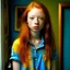 Placeholder: pretty girl, aged 13, ginger, conventionally attractive, colourful clothes, realism, jeans, dreamy, tight top