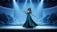 Placeholder: modern stage with gray-blue theme artistic decoration , color full dynamic lighting, a beautiful lady in modern maxy dark green-silver dress with shining jwells dancing, 3D recursive fractal structure animating background