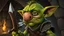 Placeholder: A short green goblin with a bulbous nose, mid-sneeze, eyes watering, holding a rusty dagger, tattered leather armor, exaggerated cartoon realism, dungeon background, humorous fantasy illustration, high detail