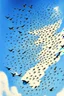 Placeholder: realistic drawing of a swarm of swallows in the blue sky.