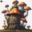 Placeholder: short mushroom house ( orange white ), on tall dirt pillar with a grassy top deepspace (black): a.. Detailed gloss Painting, rich color, fantastical, intricate detail, splash screen, hyperdetailed, insane depth, concept art, 8k resolution, trending on artstation