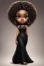 Placeholder: create a digital airbrush image of a chibi curvy black female wearing a black maxi dress and black sandals. Prominent make up with brown eyes. Highly detailed wild tight curly blond afro.