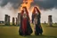 Placeholder: Full body shot of a tall slim red-headed young woman, dressed like a gipsy, standing in front of Stonehenge in a flaming circle