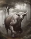 Placeholder: Minotaur, half man. Half bull crw majestically galloping through the dense forest in the style of Doug Hyde , fantastical landscape, soft strokes , mythology portrait, classic illustrated digital design