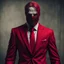 Placeholder: a sinister figure wearing a red suit with a red tie with no face and dirty hair