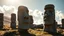 Placeholder: calm beauty, fantasy, magic, splendor, uplifting, inspiring, therapeutic, Easter Island stone statues with faces, one wearing spectacles, springtime, sunlight, chiaroscuro, color, award-winning colour photograph, Nikon 135mm, style Disney, style Salvador Dali