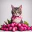 Placeholder: A cat surrounded by dragon fruits on a light background for removal