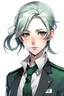 Placeholder: Androgenous pretty and cool human, (masterpiece), (Titanium colored hair), ((dark-green eyes)), pale skin, student uniform, shot against white background