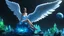 Placeholder: angel with a wings siting on the blue monolith made of blue tiberium crystals of lights, matrix universe, planets on the back grounds, green crystals of tiberium on the life and right