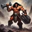 Placeholder: Conan, mighty and fierce, grips his gigantic hammer, His hands firmly locked, ready to unleash its power. Strength and determination emanate from his stance, A force to be reckoned with, ready for the battle's dance.battles, and with his warhammer held ready, he is prepared to unleash his wrath upon any who dare to challenge him.