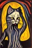 Placeholder: Cat holding her head with her hand like the scream Edvard Munch. Painting style of Edvard Munch