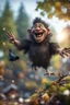 Placeholder: twig troll gremling holding crow dropping garbage from tree tops laughing,bokeh like f/0.8, tilt-shift lens 8k, high detail, smooth render, down-light, unreal engine, prize winning