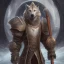 Placeholder: fantasy art, book cover, upper body of big shiny wizard with an axe in hand, in front of the ebony stairs of a bridge or dam ,icy water, on the bridge is a wolf, there is also a hawk sitting on his shoulder