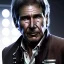 Placeholder: portrait of harrison ford as captain han solo, brown eyes, with realistic and extrem light facial skin, cinematic lighting, photorealistic, volumetric light and shadow, hyper HD, octane render, unreal engine, insanely detailed and intricate, hyper-realistic, space background, watercolour on white paper