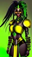 Placeholder: A woman has dark skin, yellow eyes and black dreadlocks. Her face has a slying smile, showing her superiority in the eyes of others. She is dressed in a steel armor with a few pieces of yellow and green fabric sticking out.