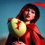 Placeholder: Red Riding Hood looks up to the sky while eating an apple on a balloon.