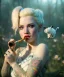 Placeholder: Ultra realistic wonderland photo, happy blonde woman smoking a pipe, blue dress, white rabbit pet, circus dress style, old school tattoo, smoke, marijuana garden, glow eyes, perfect iris, soft color, highly detailed, unreal engine 5, ray tracing, RTX, lumen lighting, ultra detail, volumetric lighting, high definition.