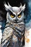 Placeholder: ink wash and watercolor concept illustration of a whimsical hybrid Owl girl character, ornately dressed with highly detailed feathers and facial features in the comic book style of Bill Sienkiewicz and Jean Giraud Moebius, with a fine art aesthetic, highly detailed , boldly inked, 4k UHD cinegraphic quality