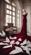 Placeholder: White wings, scissors, red dress on a luxurious velvet floor. Cinematic photo