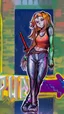 Placeholder: teen woman in retro-futurist cyberpunk costuming with pants and sheathed swords leaning to the side with shoulder against a brick pillar, add a background of brick with graffiti of a large arrow pointing to the right and text of the word "PUB" on lower left