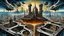 Placeholder: a stunningly weird image of a futuristic metropolis using Salvador Dali's paranoiac-critical method, where buildings and structures appear to melt into the skyline cityscape is filled with floating mad, twisted sharp metal shapes that interact with the buildings and each other, forming a surreal tableau of a dreamlike reality. neu-steampunk vibe, essence of the scene in a cinematic manner, with dramatic shadows that enhance the distorted perspectives and bizarre