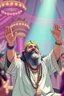 Placeholder: airbrush with pen outline, cartoon, anime, saddam husssain as cult leader hippie in his palace raised hands having fun in a festival in the 60s, goa psy ambient in the style of vangelis and fsol, source vibrations, bokeh like f/0.8, tilt-shift lens 8k, high detail, smooth render, down-light, unreal engine, prize winning