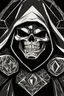 Placeholder: inside a diamond shape, skeletor motu in a black hooded cloak drawn in a retro cartoon style, in a diamond shape on a black background, monochromatic