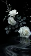 Placeholder: The image is a digital artwork that depicts a branch of tree of gray roses and leaves tangling in to a water in the river with aThe rose floats on the surface of the water, creating a wave-like effect. The background is black, which makes a branch of a tree of white roses stand out even more. Water droplets are scattered adding to the dreamy, ethereal quality of the image. The a